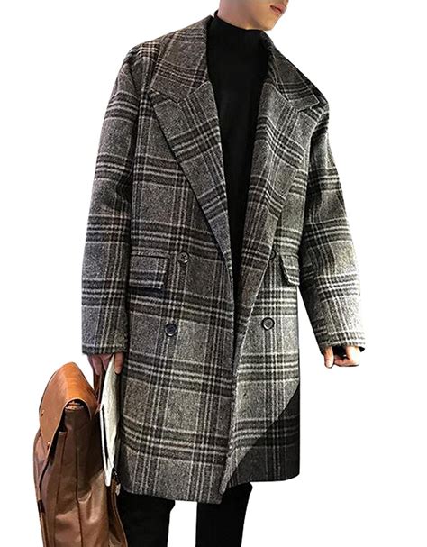 Men Winter Plaid Lapel Double Breasted Slim Warm Wool Trench Pea Coats