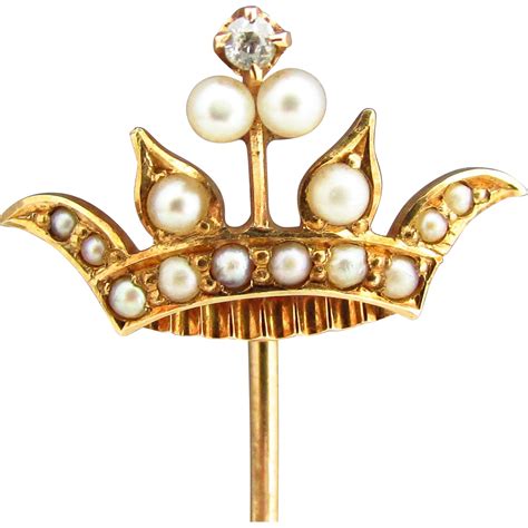 14k Yg Edwardian Diamond And Seed Pearl Crown Stick Pin From 4sot On Ruby