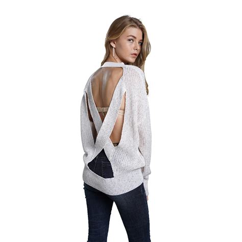 Apricot Sexy Backless Criss Cross Women Sweaters And Pullover Autumn Winter Jumper Loose Casual