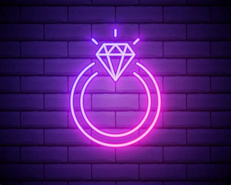 Glowing Neon Diamond Engagement Ring Icon Isolated On Brick Wall Background Vector 2158951