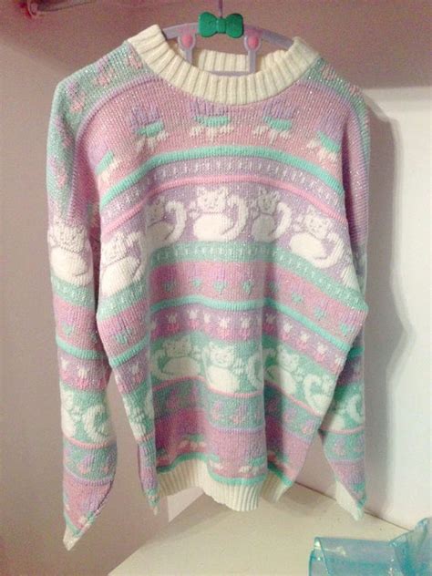 Fairy Kei Glitter Pastel Cat Sweater 80s 90s