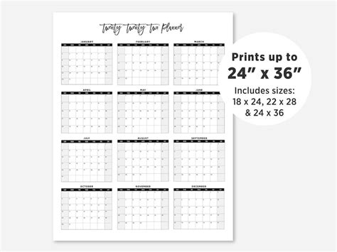 Printable 2022 Yearly Wall Calendar Large 2022 Calendar Etsy Images