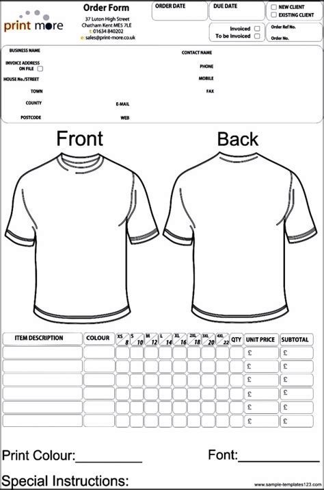Blank Clothing Order Form Template Sample Templates