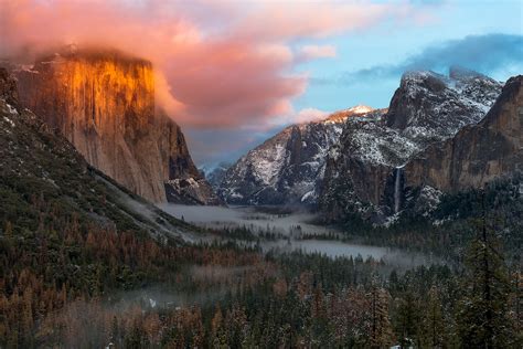 Download Cliff Waterfall Mountain Fog Forest Landscape Nature Yosemite