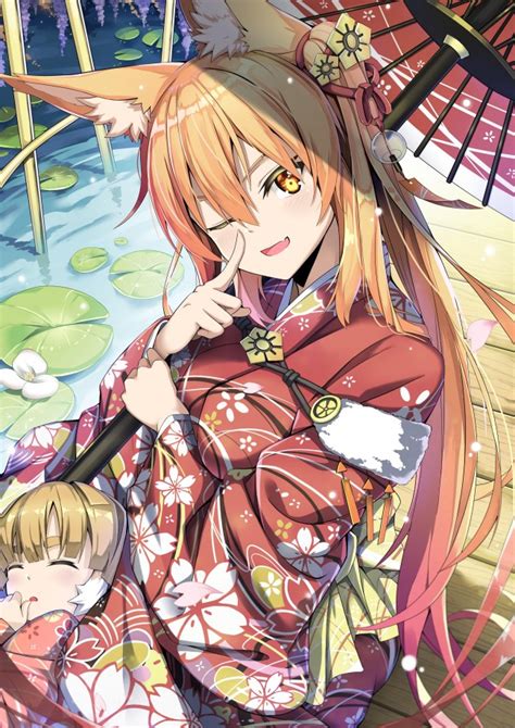 Wallpaper Anime Girl Wink Animal Ears Kimono Cute Long Hair Wallpapermaiden