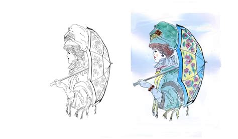 Hand Drawn Coloring Page And Watercolor Picture Of Lady With Umbrella