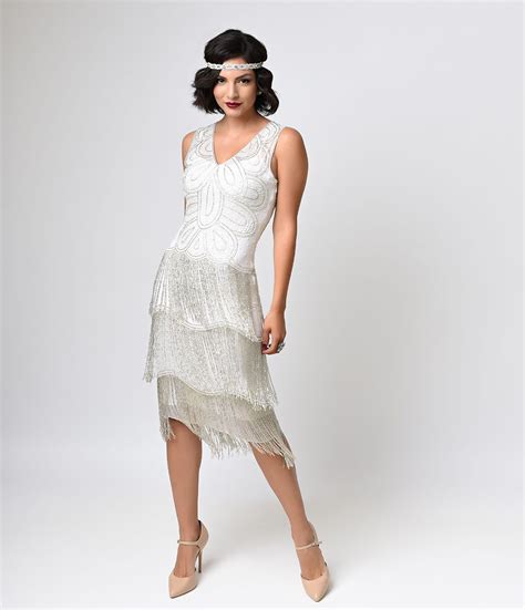 Unique Vintage White Beaded Gigi Chiffon Fringe Flapper Dress Flapper