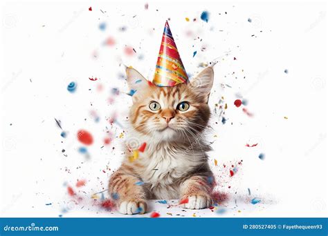 Cat With Birthday Hat And Confetti On White Background Stock