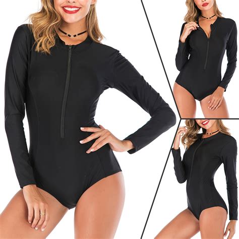 womens black long sleeve one piece surf swimwear swimsuit zip swimming costume ebay