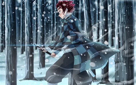 Download Wallpapers 4k Tanjirou Kamado Winter Samurai Kimetsu No