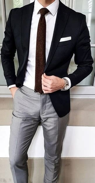 men s black blazer white dress shirt grey dress pants dark brown tie lookastic