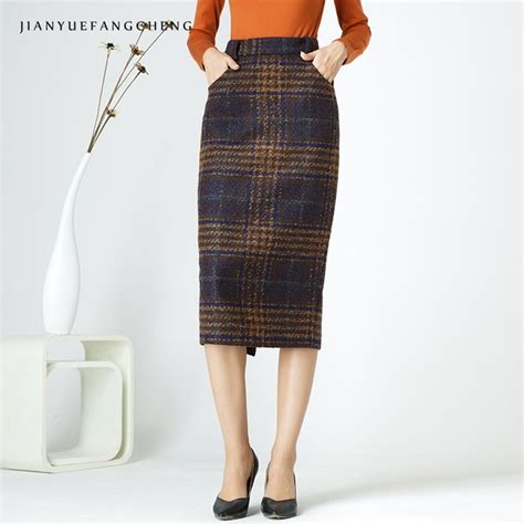 Womens Wool Skirt Winter Long Plaid Pencil Skirts Plus Size High Waist