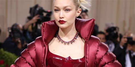 gigi hadid wore a latex catsuit under a giant parka at the met gala popsugar australia