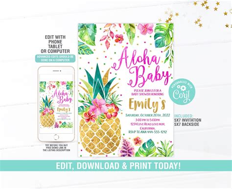 Aloha Baby Shower Invitation Bundle Editablealoha Baby Baby Etsy