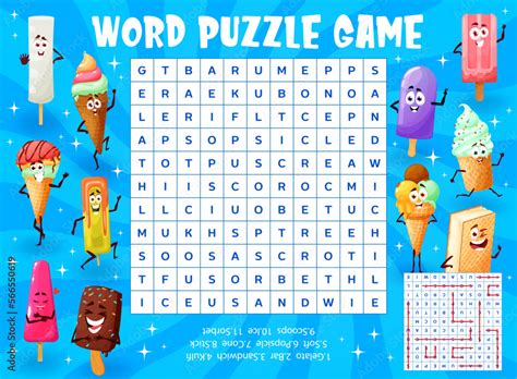 Ice Cream Dessert Characters Word Search Puzzle Game Vector Worksheet