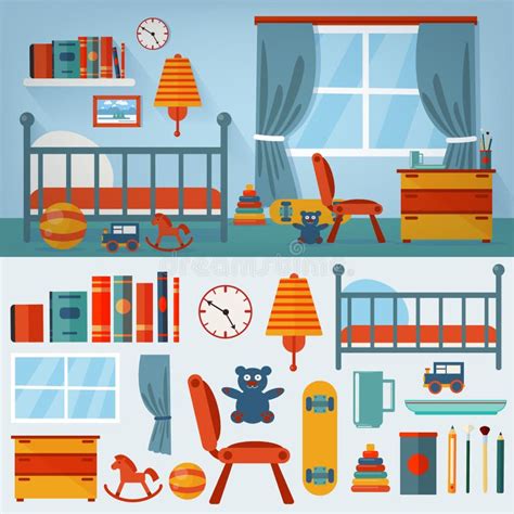 Children Bedroom Interior With Furniture And Set Of Toys Stock Vector