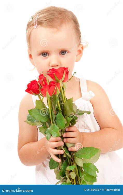Little Girl Holding A Bouquet Of Red Roses Stock Image Image Of