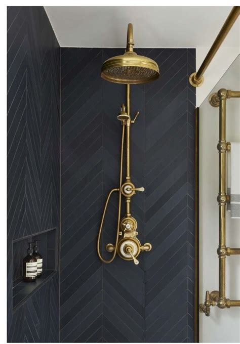 Bathroom Blck Herringbone Tile Gold Tap Shower Matte Black