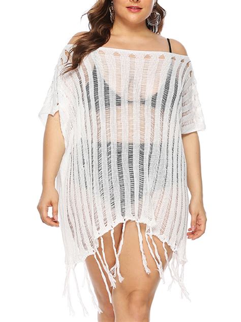 Summer Hollow Out Tassel Cover Up For Plus Size Women Casual Oversize Tunic Tops Beach Bikini