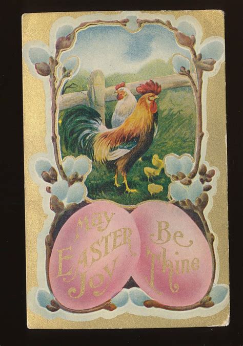 Antique Easter Postcard Farm Scene Rooster And Hen~eggs~ Flowers