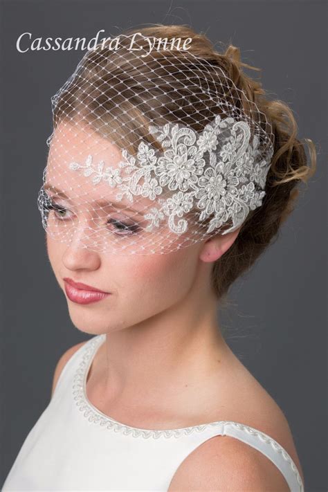 Bridal Visor Birdcage Veil With Beaded Lace Accent Bridal Birdcage