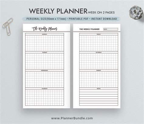 Printable Weekly Planner Week On 2 Pages Personal Size Inserts