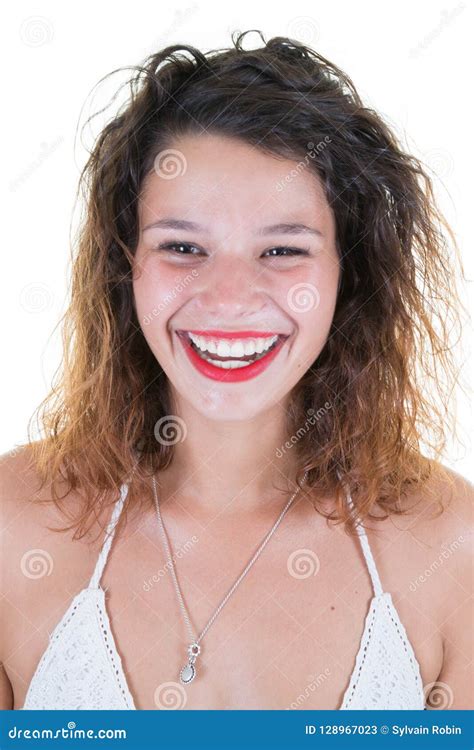 Woman With Curly Brown Hair Close Up Smiling Laughing And Happy Girl