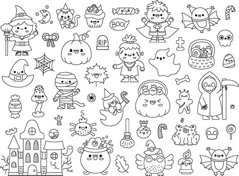Vector Black And White Kawaii Halloween Clipart Set For Kids Cute Line