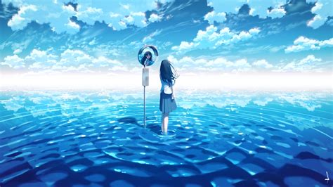 Anime Girl Water Horizon Blue Sky Background Reflection 4k Hd Anime