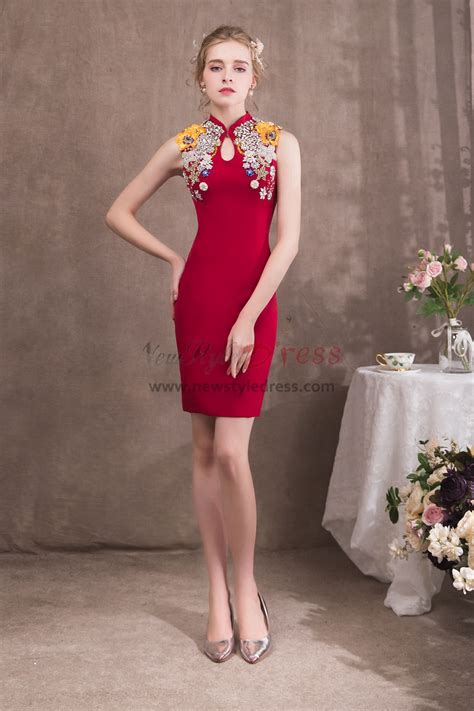 Women Chinese Style Red Knee Length Sheath Prom Dresses Np 0423