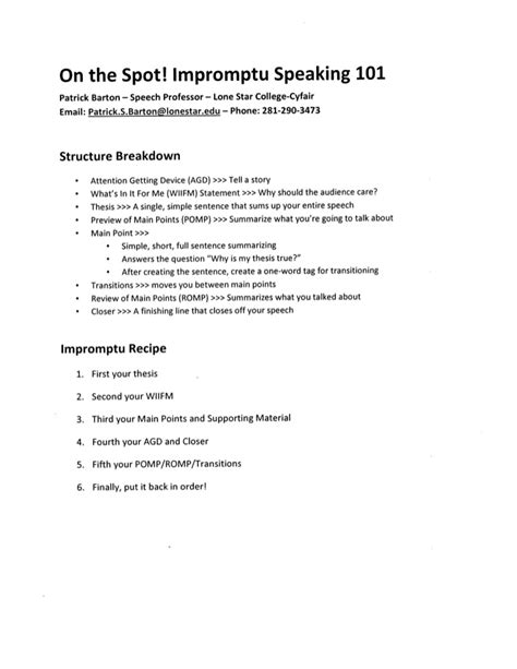 Sample key word speaking outline for information speech use this format to create your note cards; Impromptu Speaking Outline