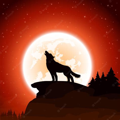 Premium Vector Wolf And Moon On Sky Background