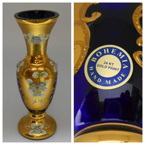 Egermann Czech Bohemian Gold High Enamel Blue Crystal Vase Collectors