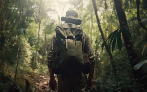 Premium Photo A Man With A Backpack Walks Through Jungle Rainforest Traveler Hiking Outdoor