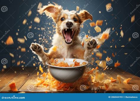 The Dog Eats Food From A Bowl Food Particles Fly Into The Air