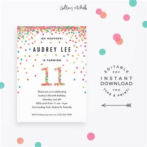 Girl 11th Birthday Invitation Instant Download Printable Pdf Etsy