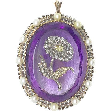 Classics never go out of style. Large Edwardian amethyst, diamond and pearl pendant in 14k ...