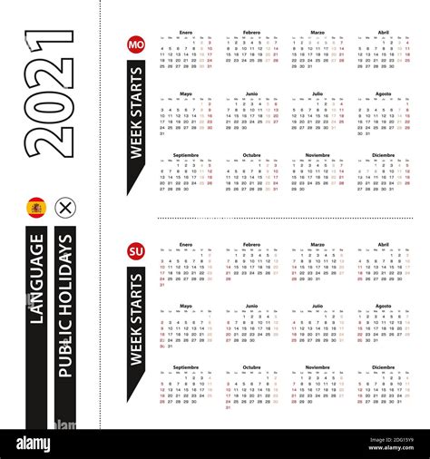 Dos Versiones Del Calendario 2021 En Español La Semana Comienza De Lunes A Domingo Plantilla