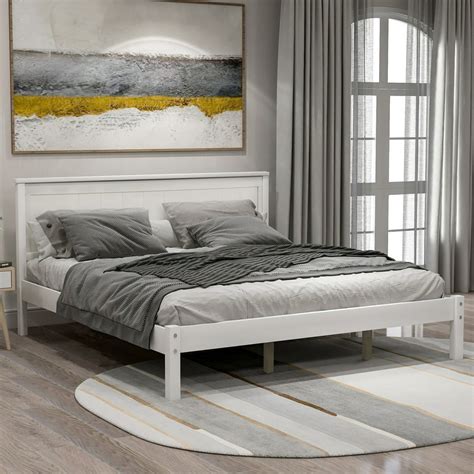 Euroco Queen Platform Bed Wood Frame With Headboard And Slat Support White