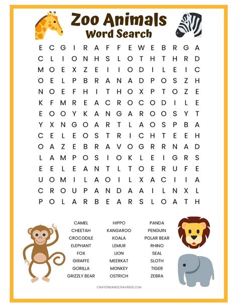 Animals Word Search Printable