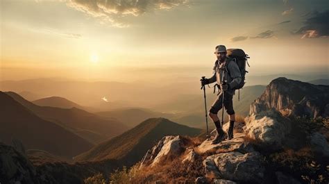 Premium Ai Image A Hiker Stands On A Mountain Top With A Sunset In