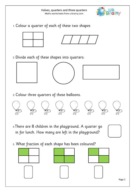 Halves Quarters And Three Quarters Fraction Worksheets For Year 2