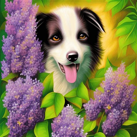 Kawaii Chibi Border Collie Dog With Lilacs · Creative Fabrica