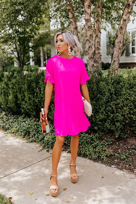 So Joyous Pleated Shift Dress In Hot Pink • Impressions Online Boutique