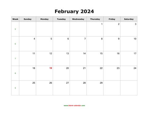 Download February 2024 Blank Calendar Horizontal