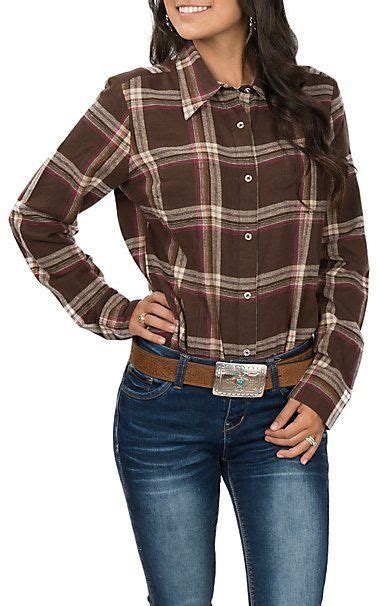 Wrangler Womens Brown Plaid Long Sleeve Flannel Shirt Cavenders
