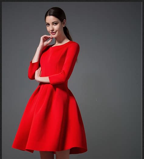 Buy Winter On Sale Women Red Dress Classic Round Neck