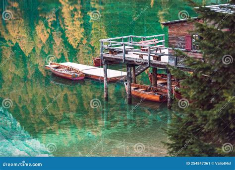 Boats On The Braies Lake Pragser Wildsee In Dolomites Mountains