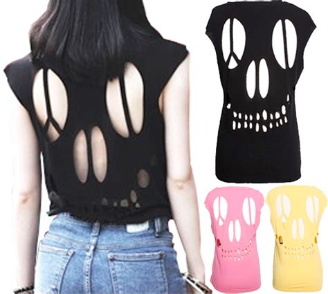 New Womens Skull Cut Out Back Cotton Tee Long T Shirt Xs S
