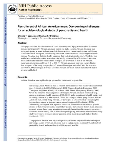 Pdf Recruitment Of African American Men Overcoming Challenges For An